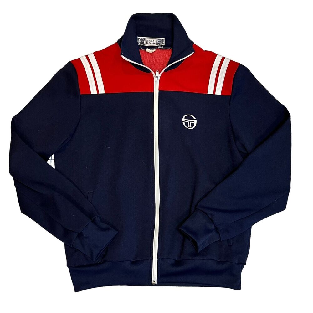 Sergio Tacchini Track Jacket Size 36 Blue Red White Striped Full Zip Embroidered